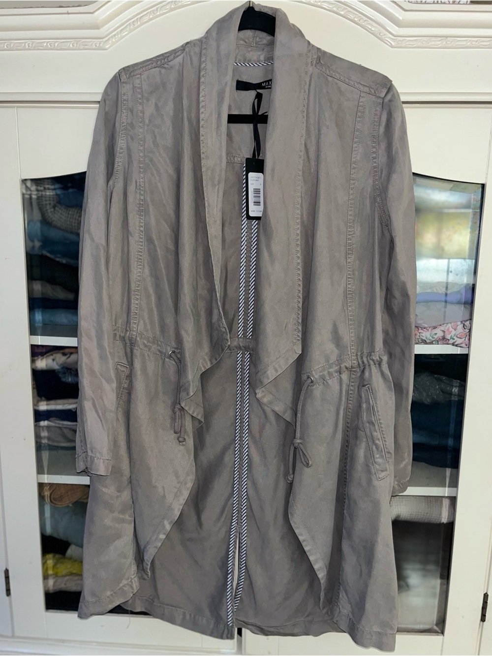 🩶NWT small gray draped l trench with adjustable  ties 4 a tailored fit.